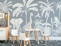 Peaceful Monochrome Jungle Blue mural for modern walls.
