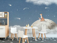 Playful wall mural with a fox on the moon for kids' rooms
