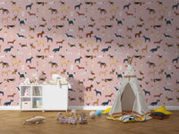 Pink wallpaper showcasing illustrations of dog breeds
