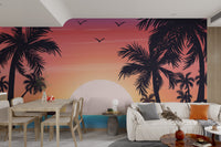 Palm tree ocean view mural with warm colors
