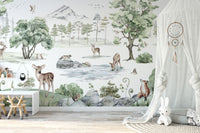 Deer mural with a serene and elegant winter forest vibe.
