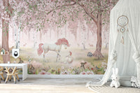 Unicorn Forest Pink wallpaper adds charm to walls.
