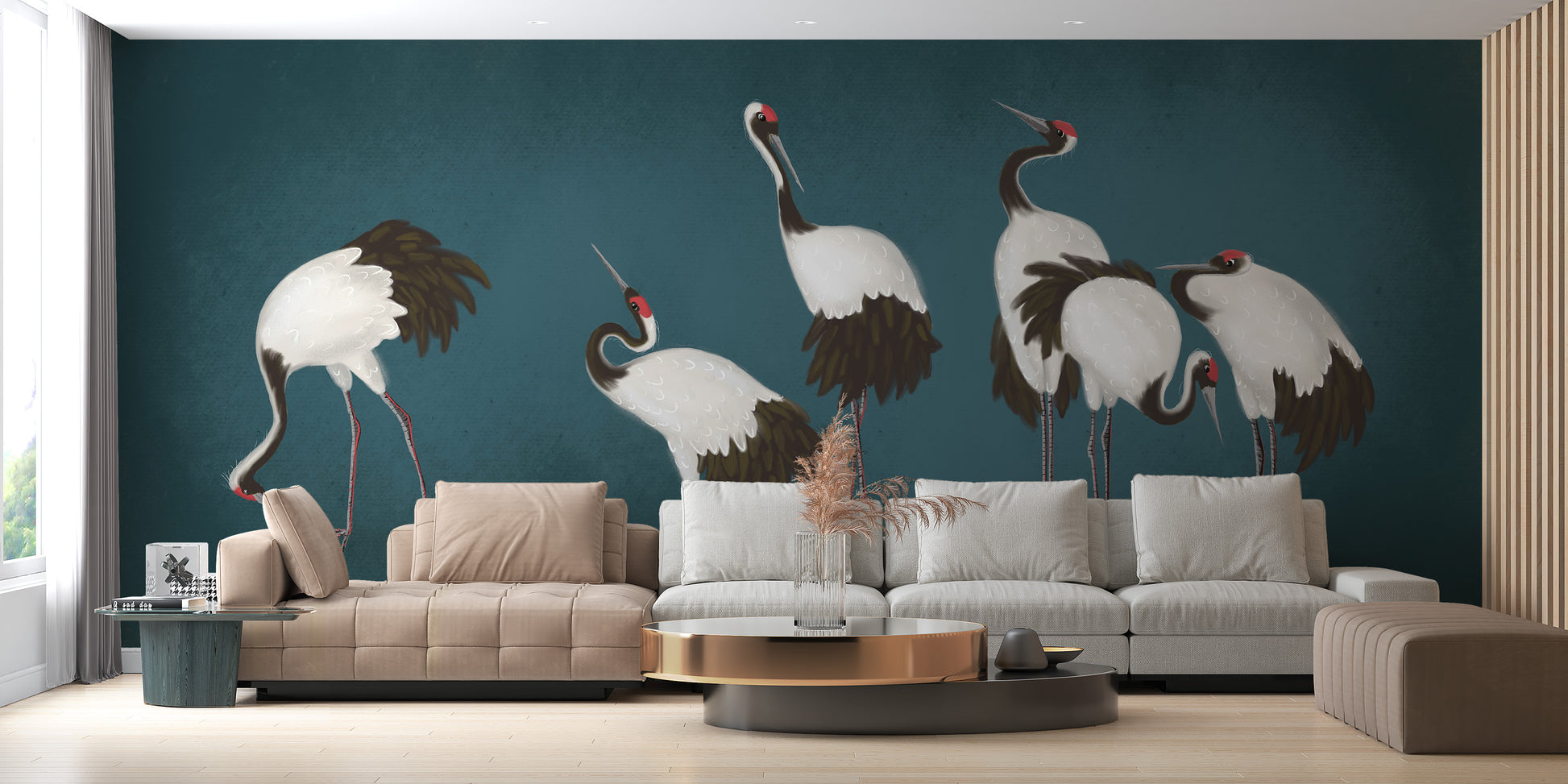 Graceful crane dance mural for interiors.
