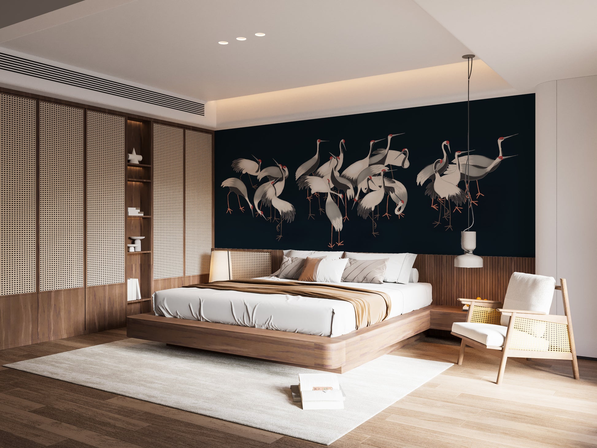 Serene white cranes gathering mural design.
