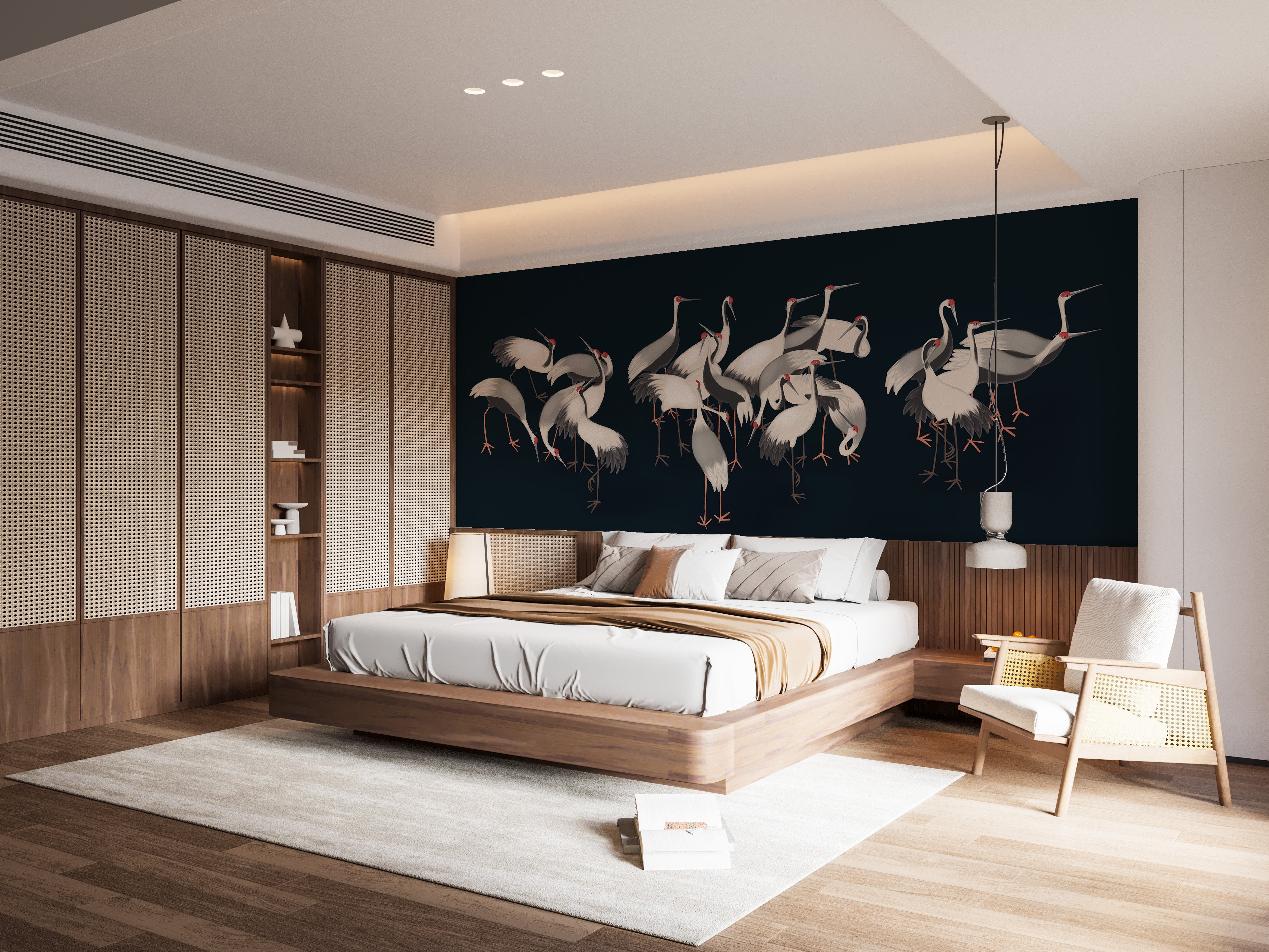 Serene white cranes gathering mural design.
