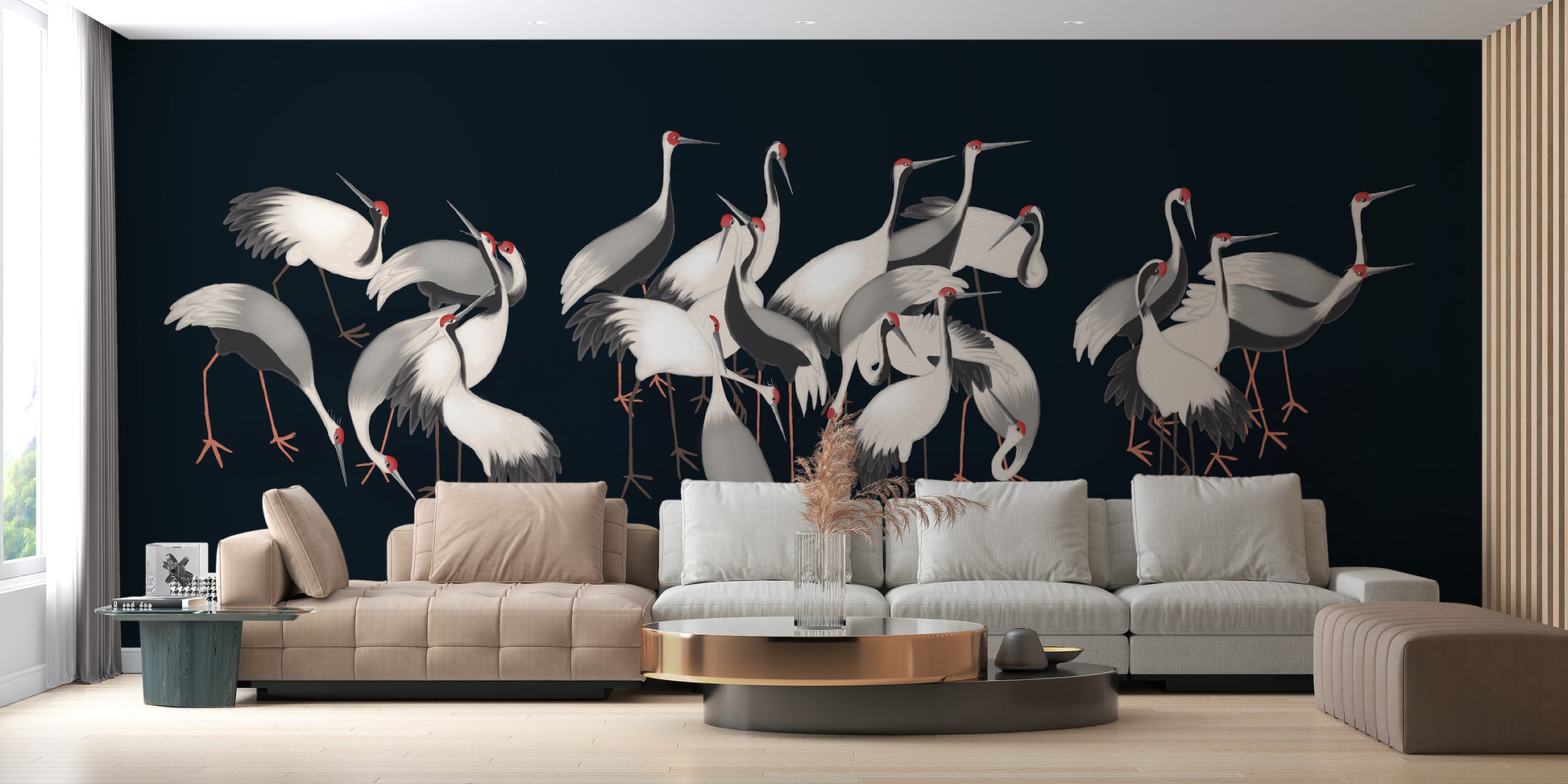 White cranes mural for tranquil wall decor.

