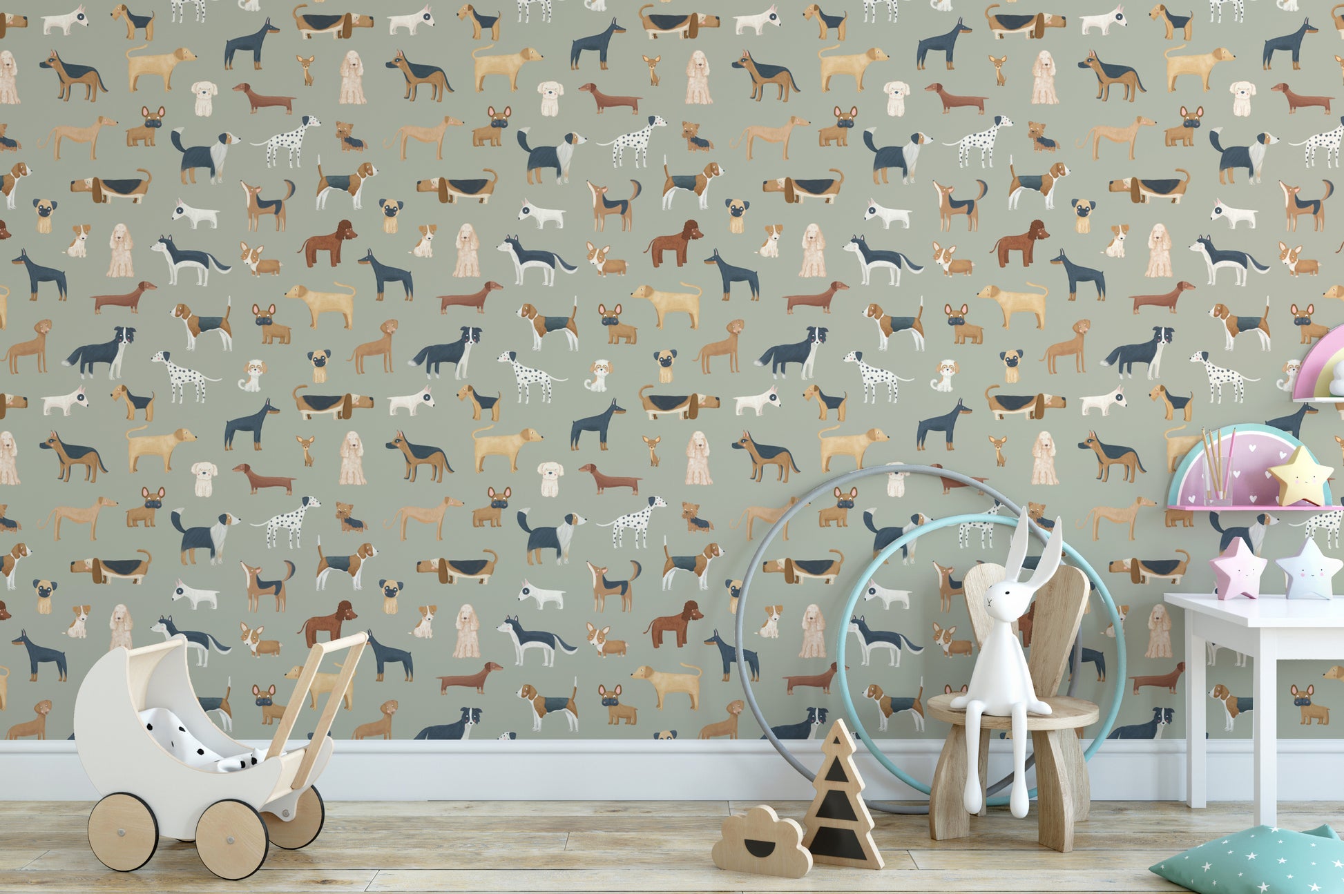 Stylish safari green wallpaper with dog breed designs
