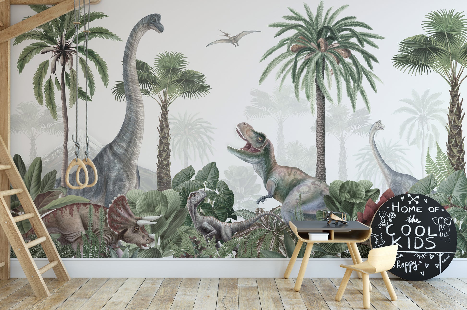 Tropical landscape mural highlighting prehistoric dinosaurs.
