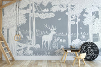 Artistic Monochrome Forest Blue mural for dynamic walls.

