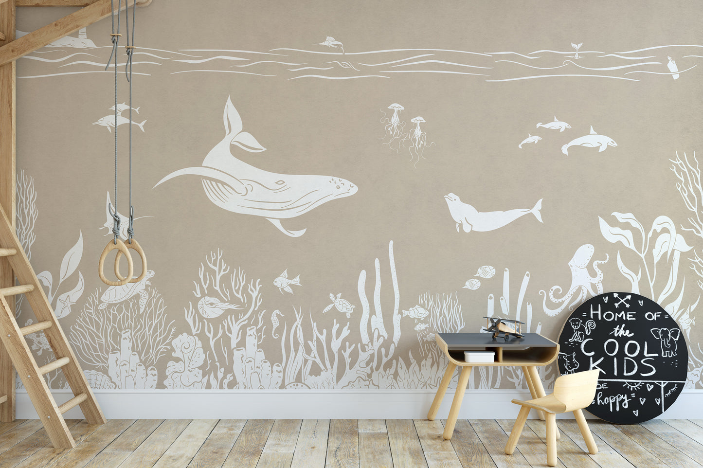 Sea-inspired Monochrome Brown mural for timeless walls.
