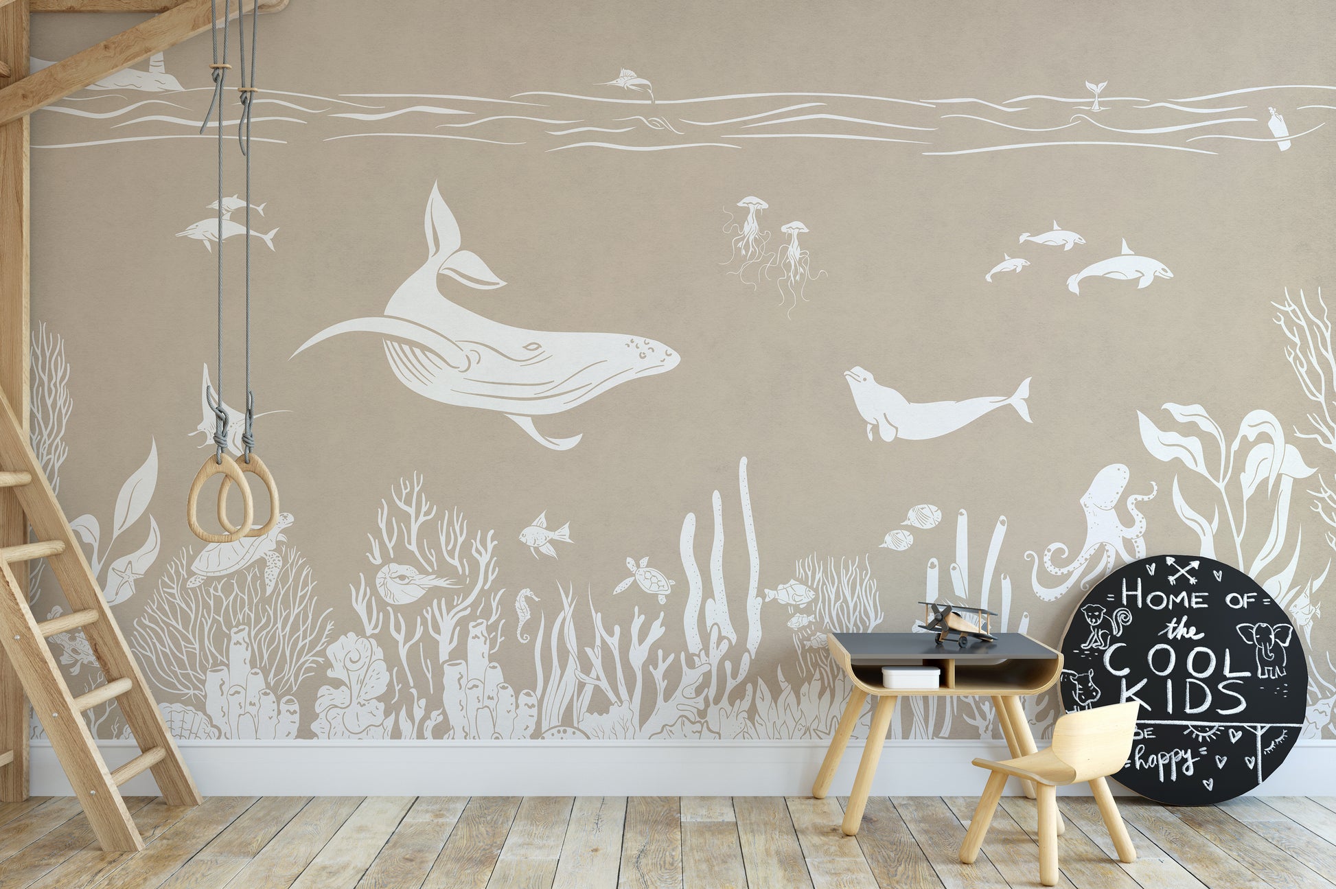 Sea-inspired Monochrome Brown mural for timeless walls.

