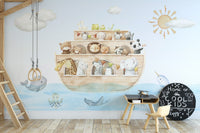 Whimsical ark-themed mural with adorable animal designs
