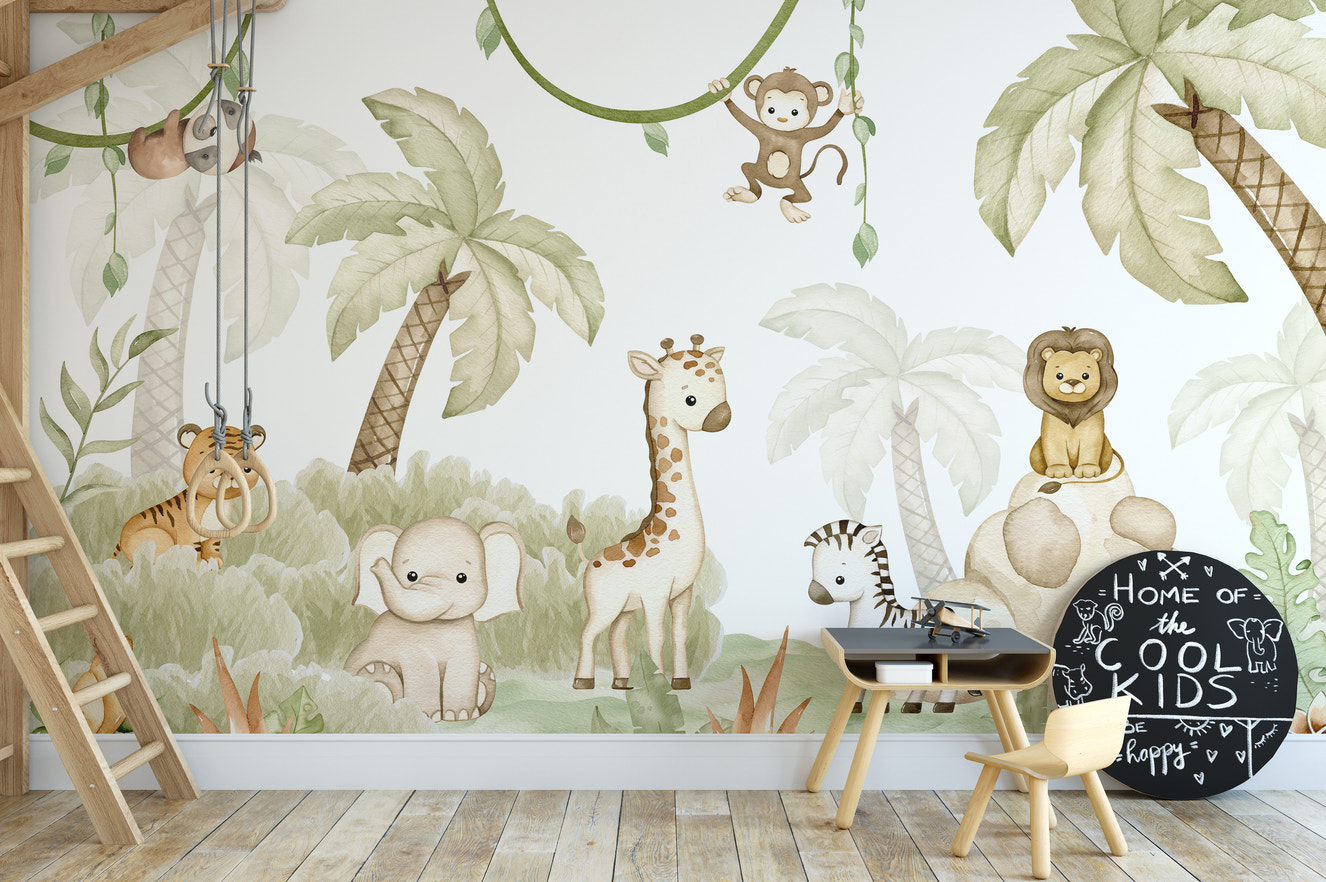 Adorable nursery mural featuring savannah animal friends