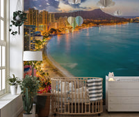 Serene Sunset Mural of Diamond Head Volcano
