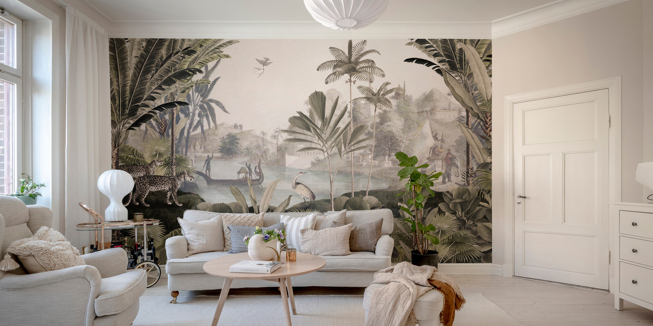 Enigmatic jungle mural with sepia-toned panorama.