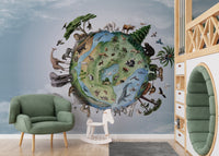 Wildlife mural depicting animals in their global habitats.
