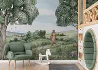 Bears and bees wall mural with whimsical natural scenes.
