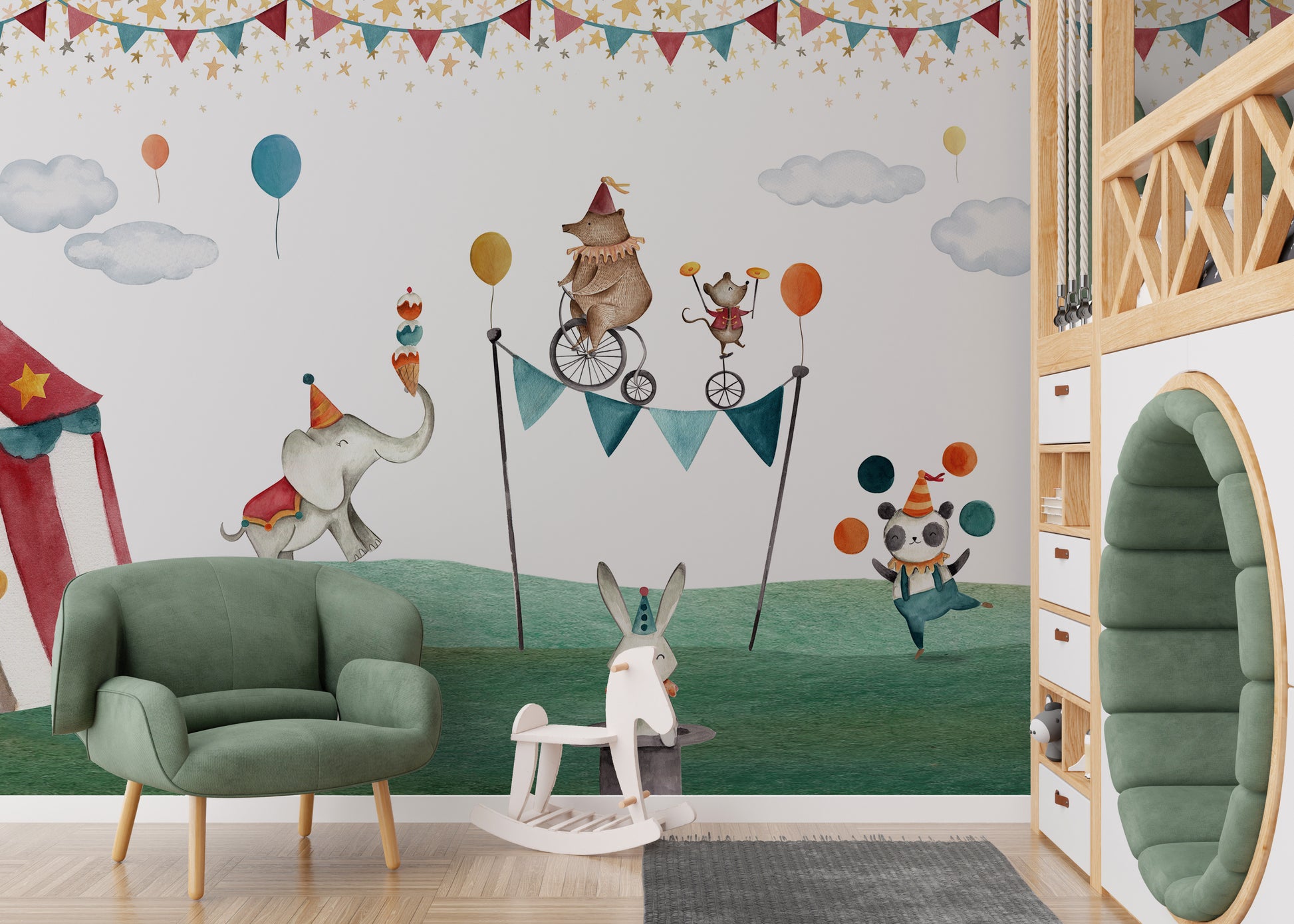 Circus-themed mural showcasing lively performing animals.
