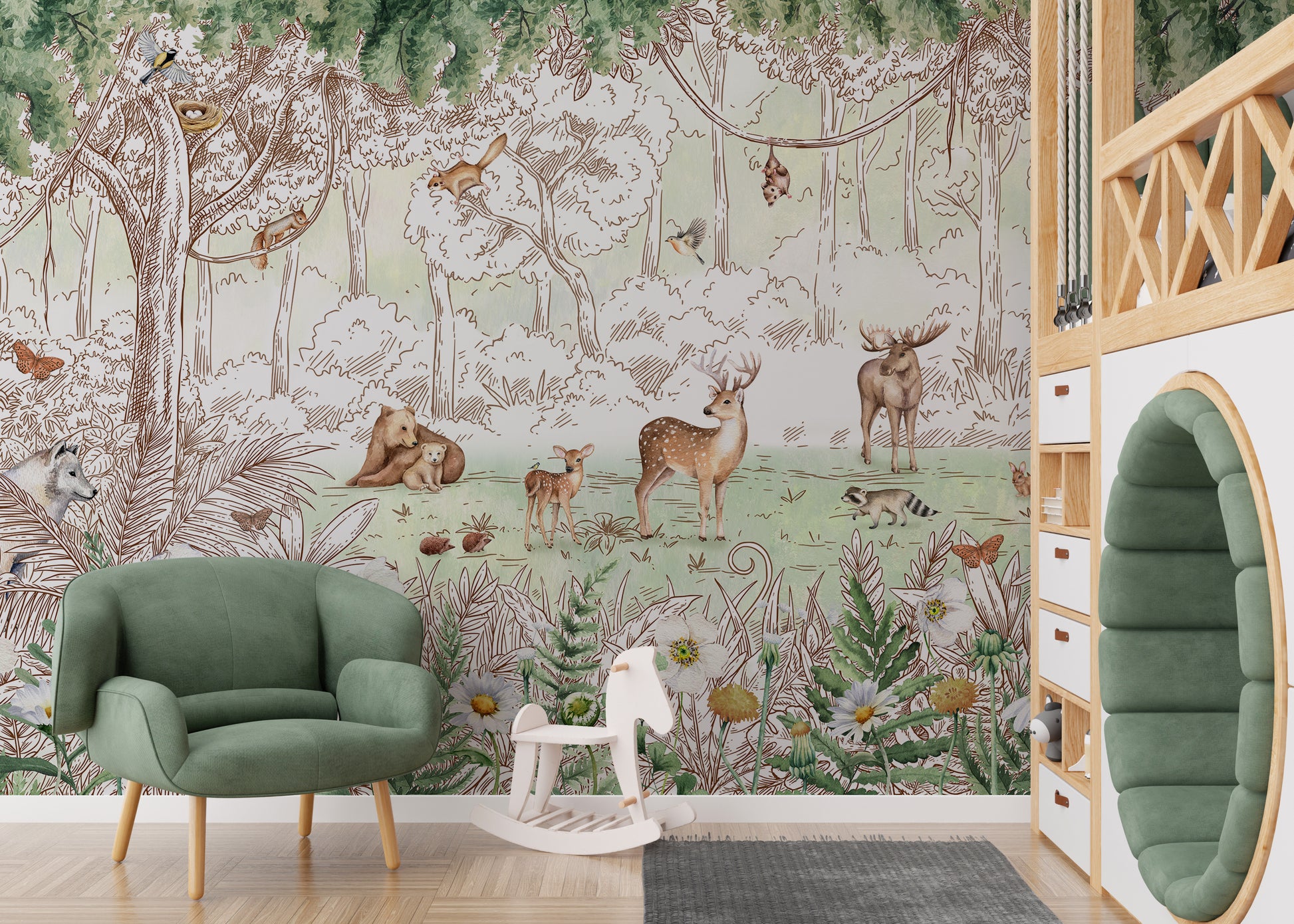 Scenic spring mural featuring wildlife and blooming nature.
