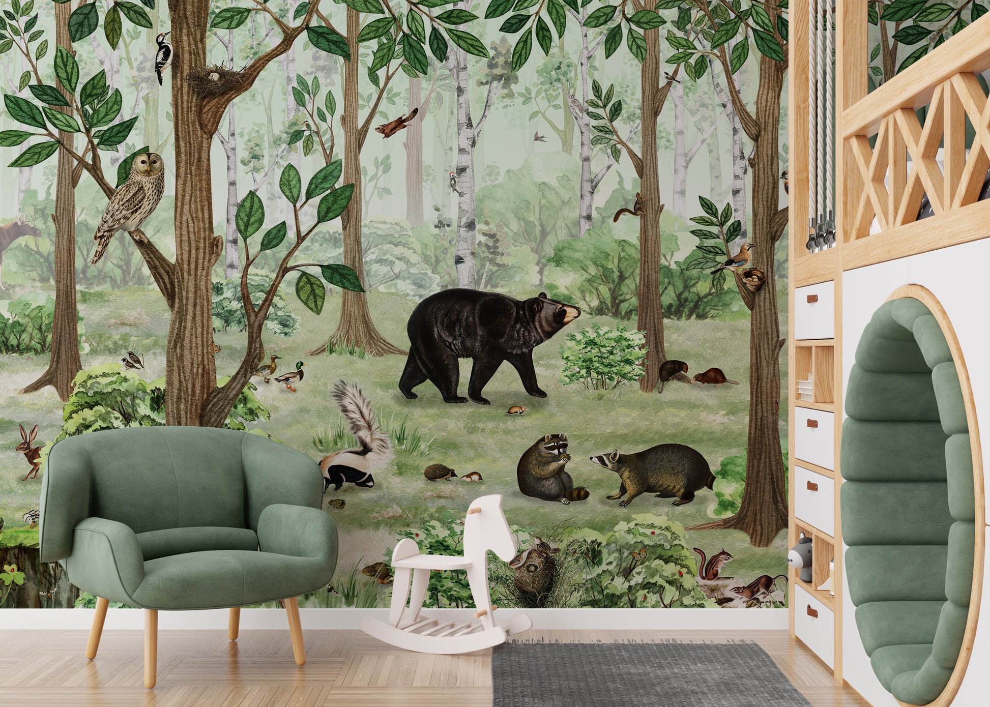 Wallpaper mural showcasing a curated forest lookbook.
