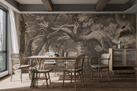 Intricate black and white woodland etching
