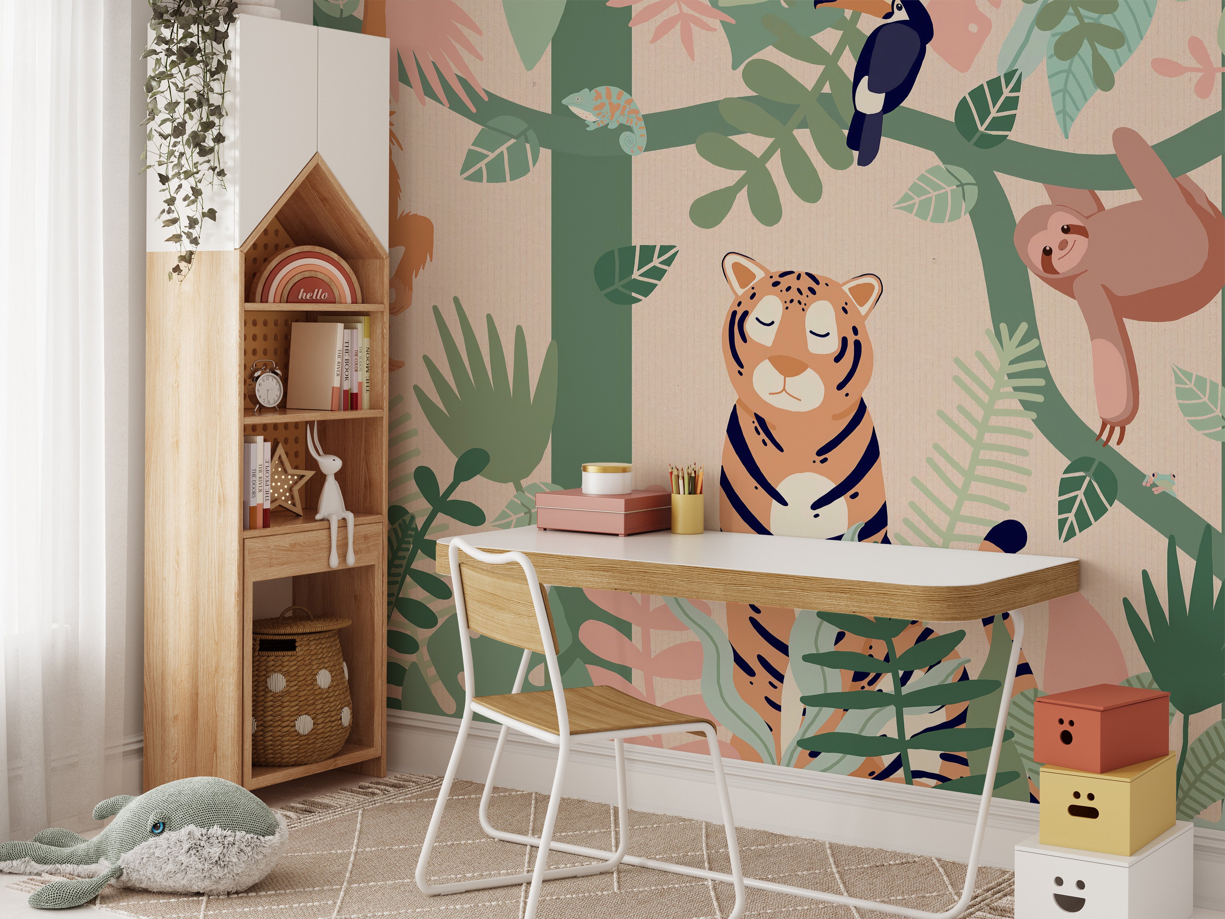 Peel and stick forest mural with tiger art



