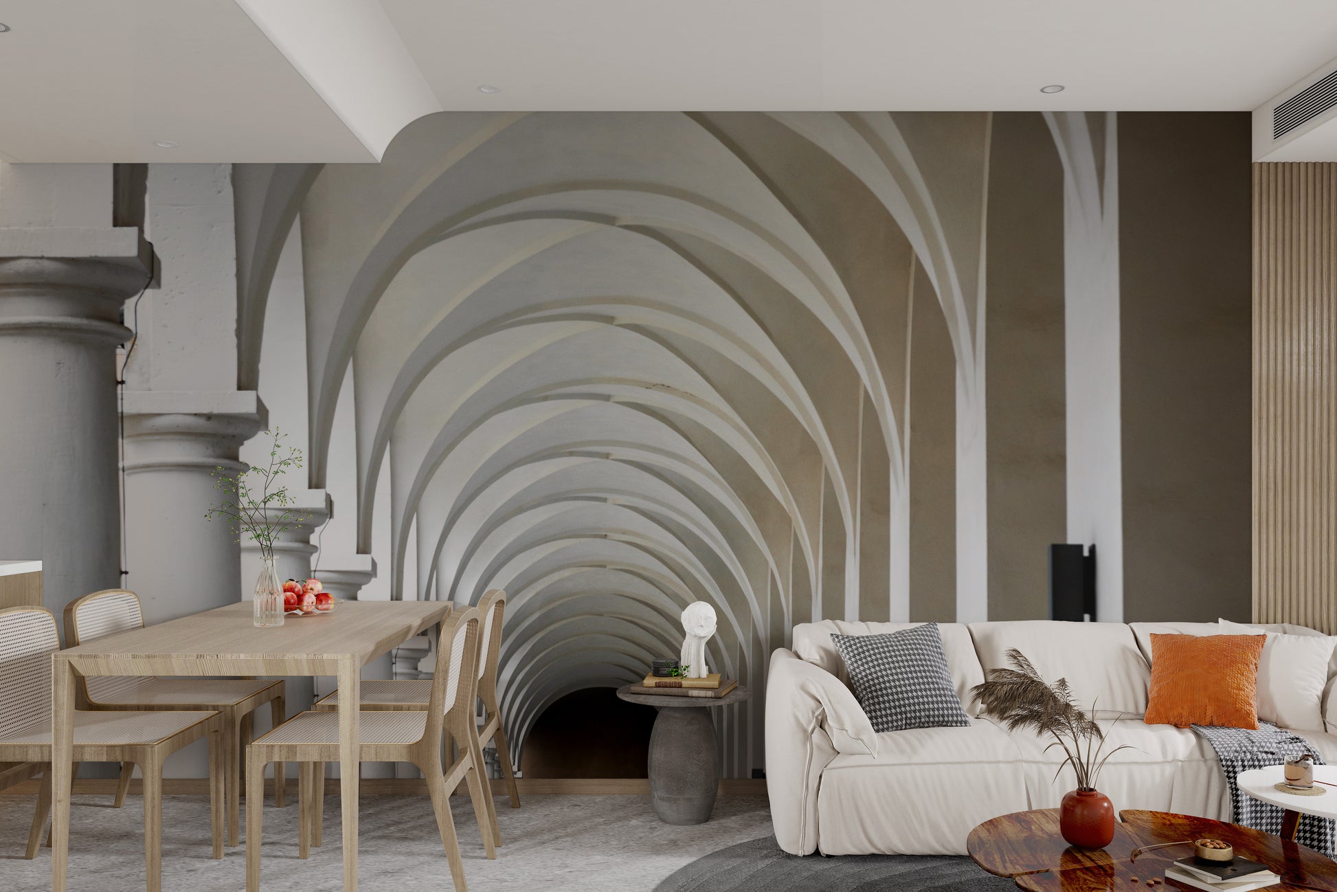 European-style classical hallway mural with symmetry
