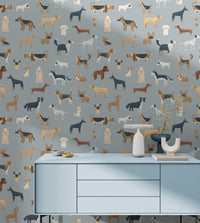 Blue-themed wallpaper with illustrations of dog breeds

