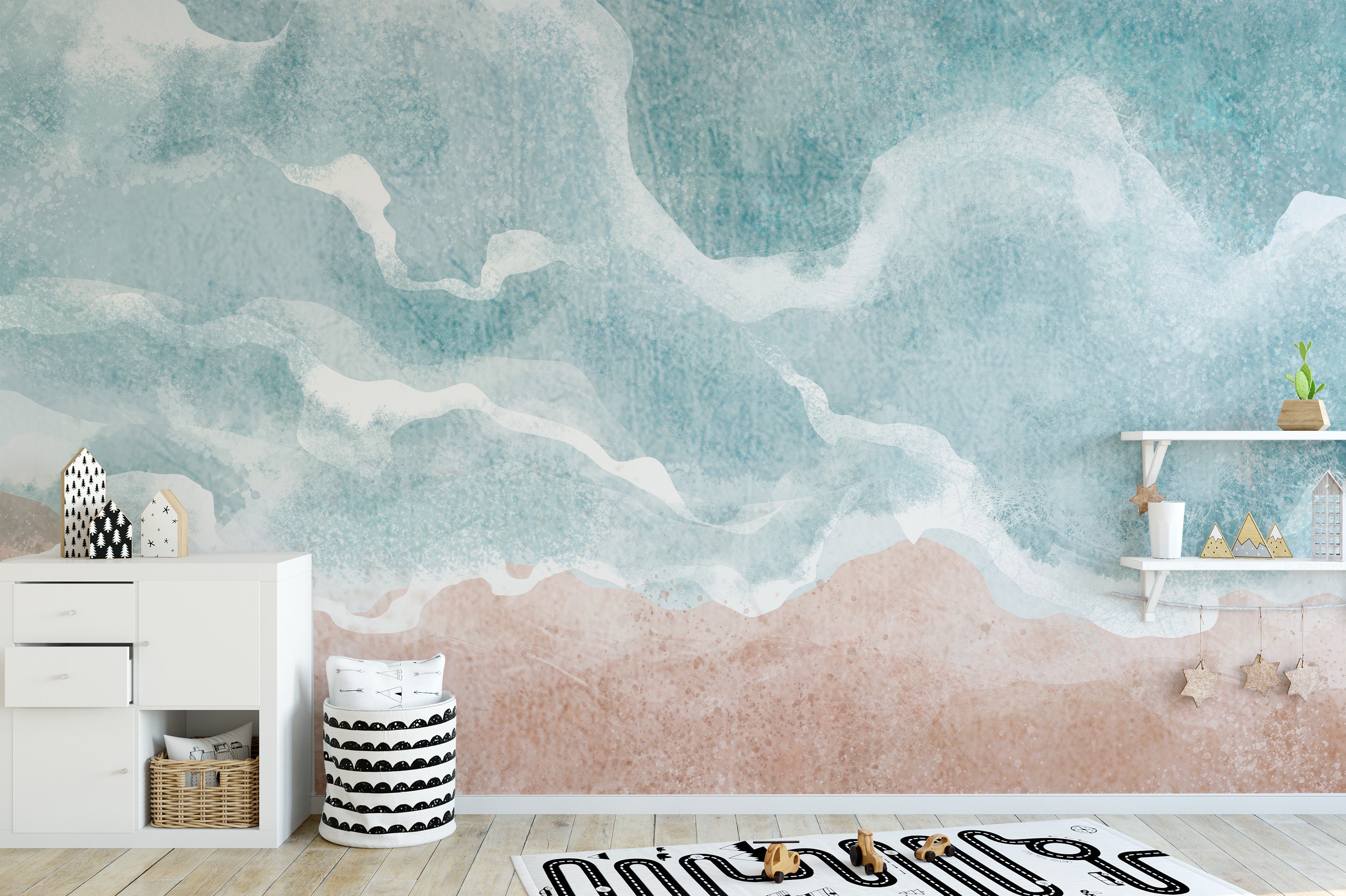 Artistic beach wave mural for coastal rooms
