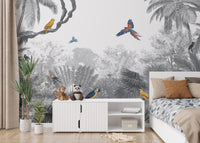Lush canopy mural featuring tropical birds in nature.
