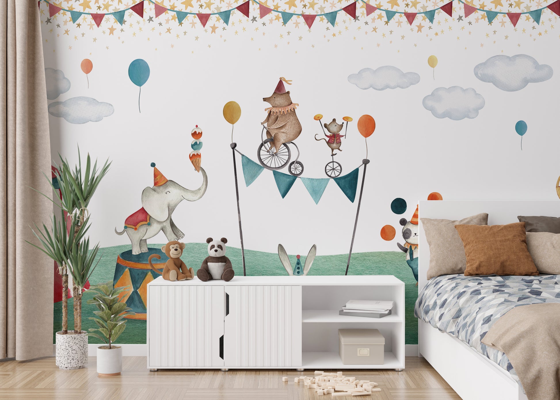 Playful mural with circus animals for kids' room décor.
