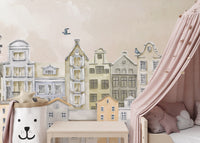 Watercolor Houses Wallpaper Mural with peaceful hues