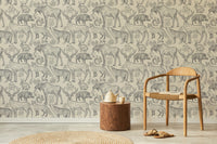 Neutral grey wallpaper featuring plants and animal designs