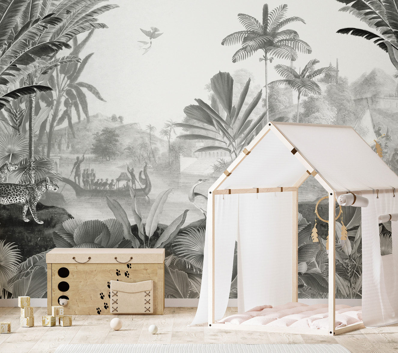 Monochrome leopard mural with stunning landscape design.