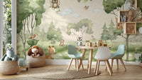 Woodland-themed mural with playful animals for kids' rooms
