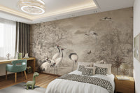 Tropical forest wallpaper with vintage bird painting