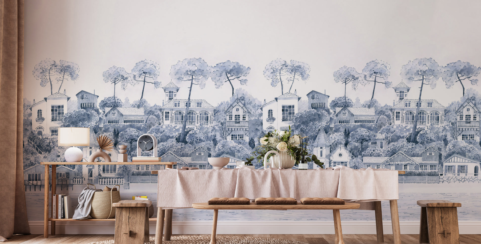 Calming watercolor coastal village mural for serene vibes



