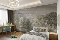 Forest flower wallpaper with vintage Grus bird details