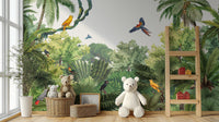 Artistic mural showcasing exotic birds in lush greenery.
