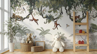 Playful monkeys mural set in a lush jungle setting.
