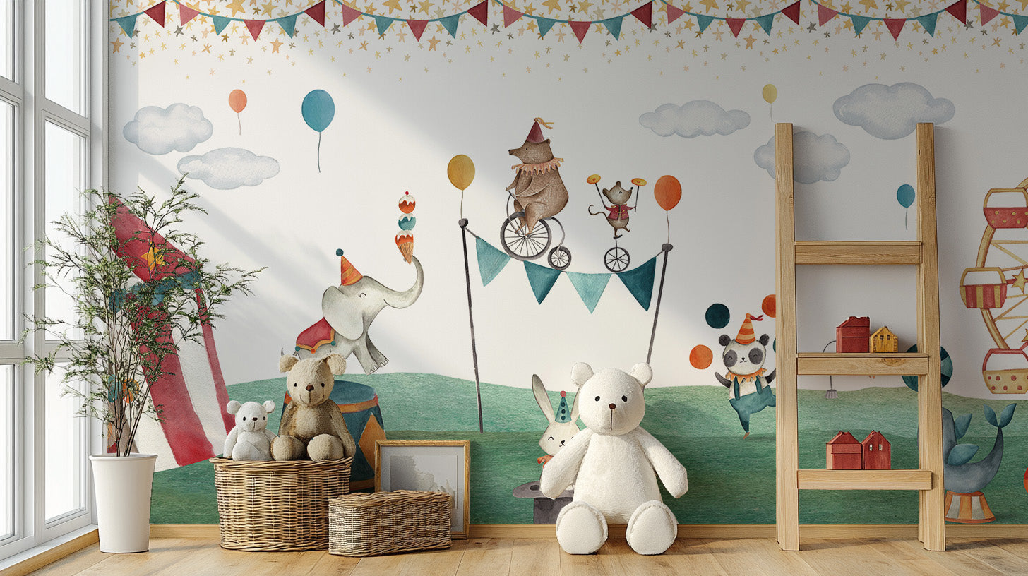 Vibrant wall mural featuring playful circus animal acts.
