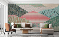 Scenic mural with colorful hills and a cheerful design
