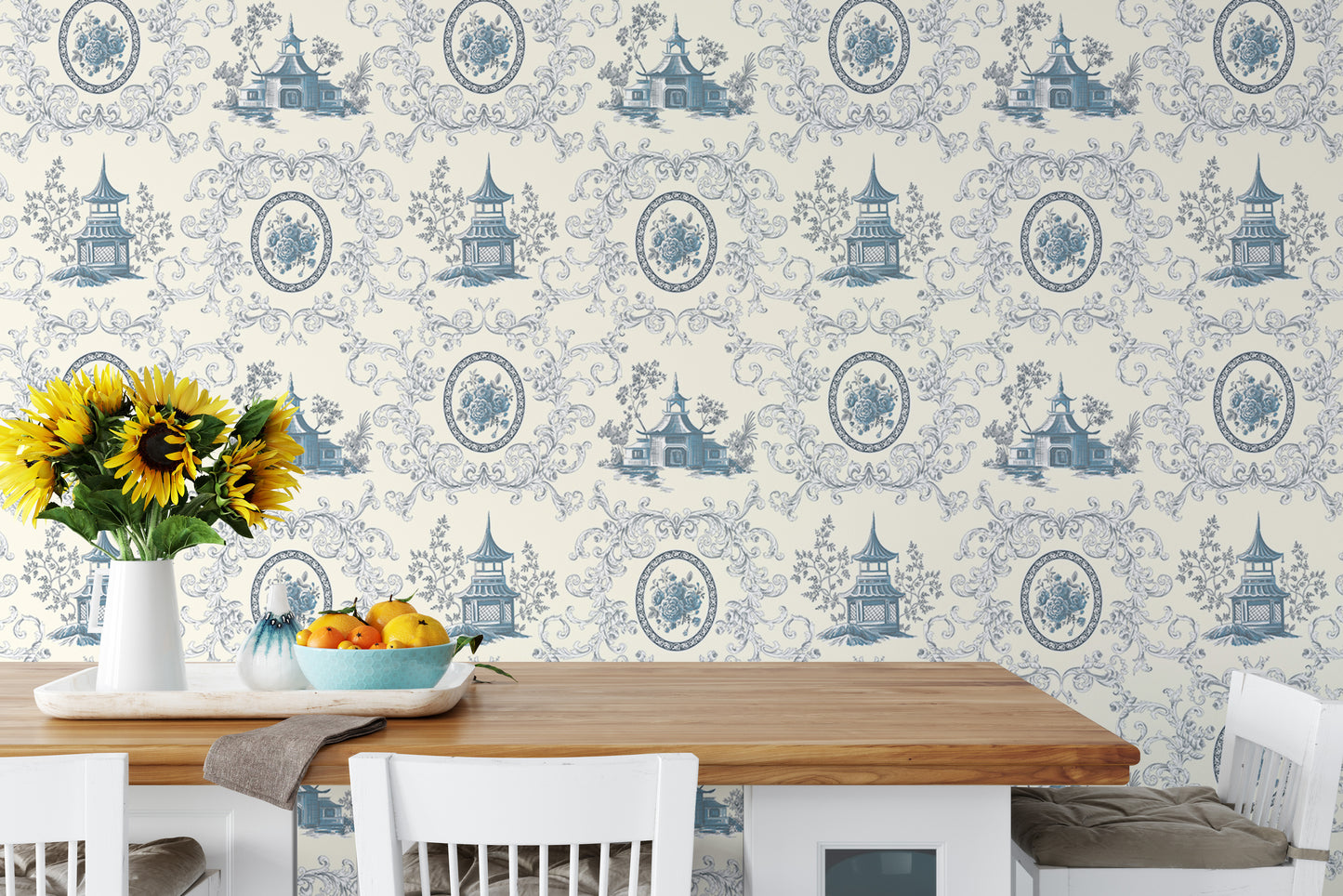 Blue Rose Flower House and Baroque Swirls Toile Wallpaper