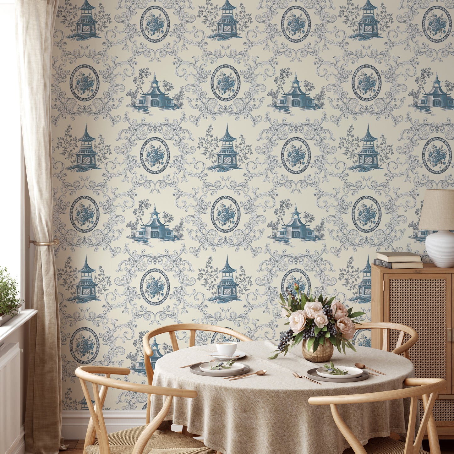 Blue Rose Flower House and Baroque Swirls Toile Wallpaper