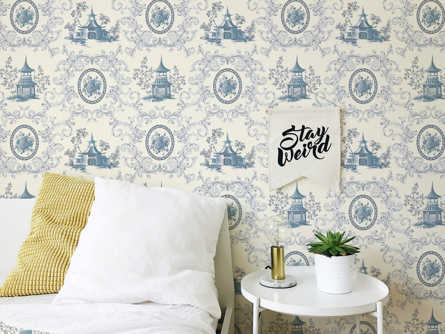 Blue Rose Flower House and Baroque Swirls Toile Wallpaper