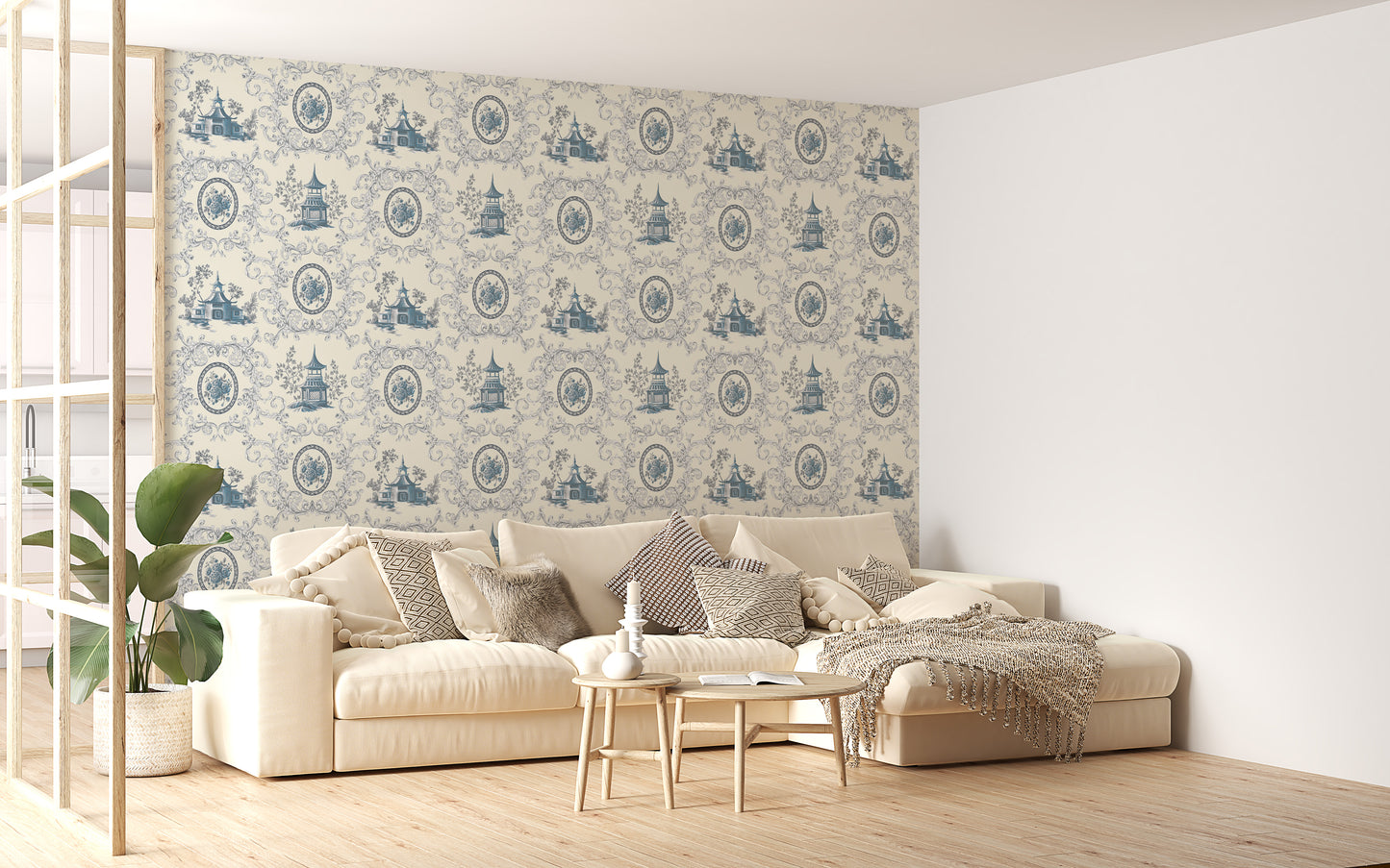 Blue Rose Flower House and Baroque Swirls Toile Wallpaper