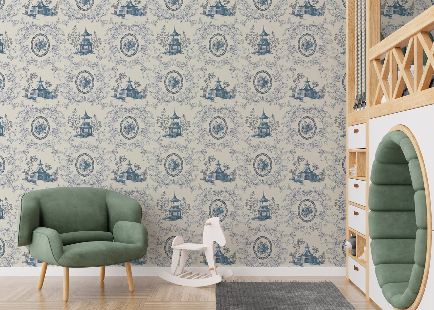 Blue Rose Flower House and Baroque Swirls Toile Wallpaper