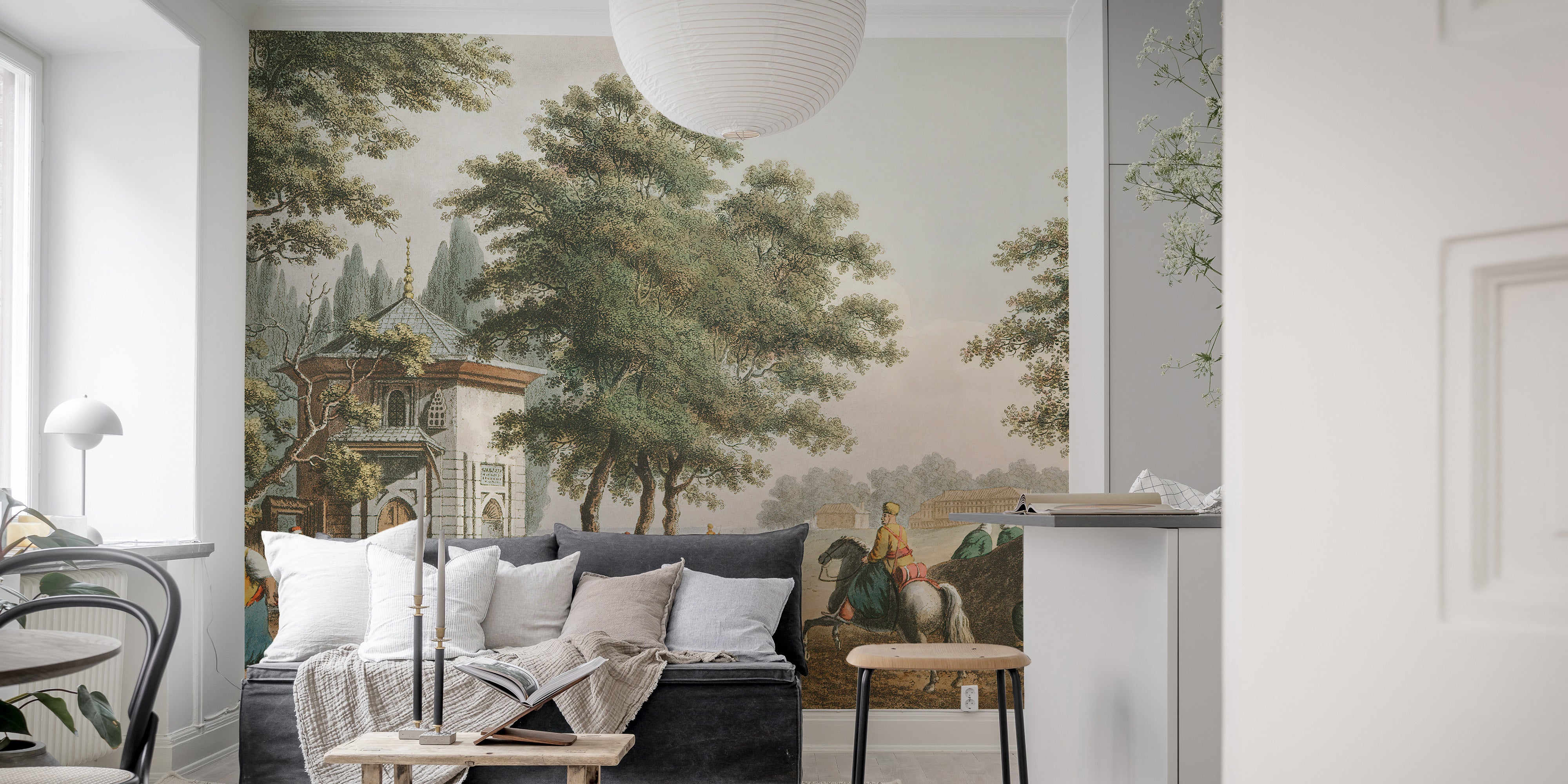 Vintage mural of charming village scenery
