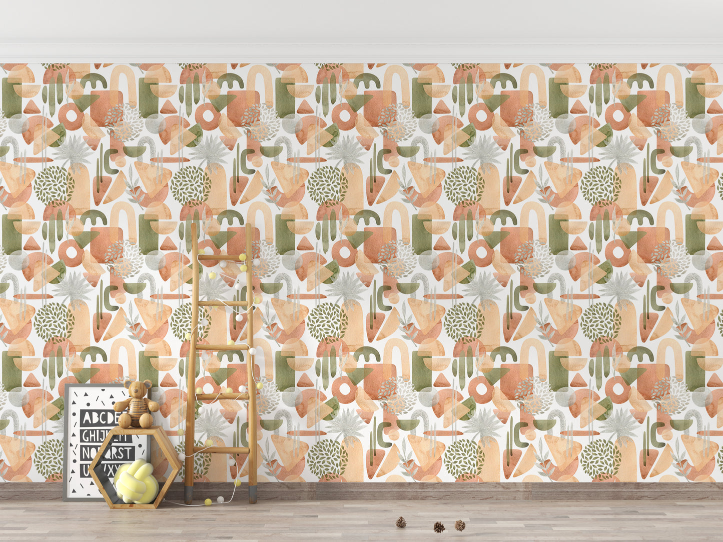 Artistic pastel watercolor shapes on green wallpaper.