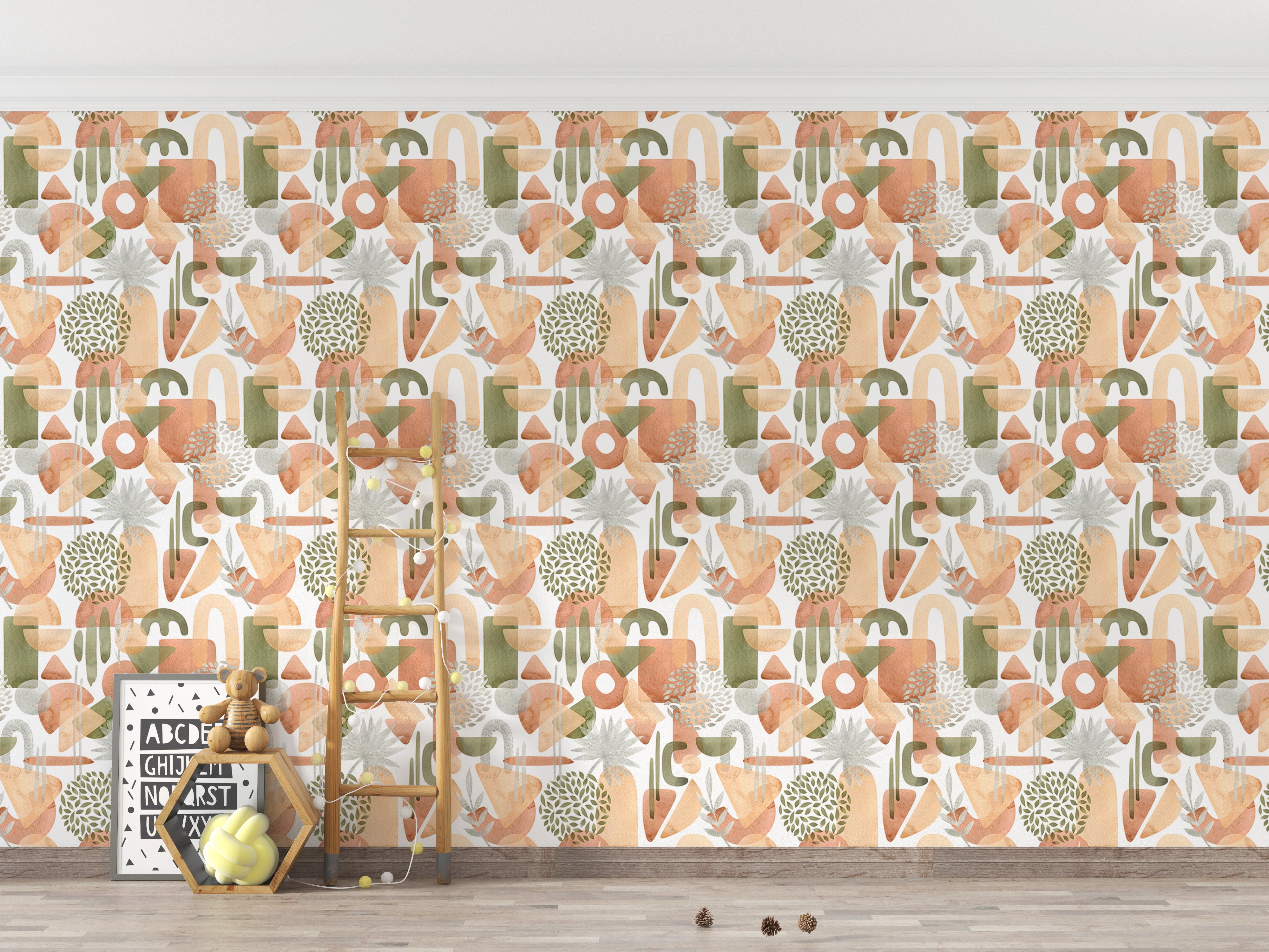 Artistic pastel watercolor shapes on green wallpaper.